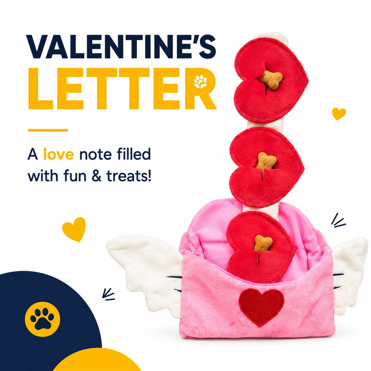 A Valentine's Day themed pet treat letter toy on a white background with promotional text. The toy features a pink winged envelope with a red heart on the front, three red heart-shaped envelopes stacked vertically, and a white letter inside.